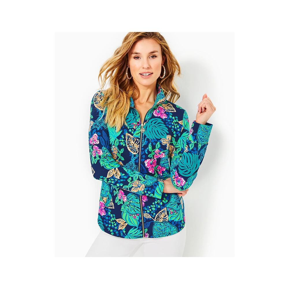 Lilly Pulitzer Leona Zip Up UPF Jacket Low Tide Navy Life of the Party Size XS